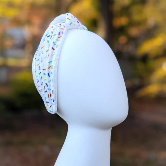 Ivory Confetti Beaded Knot Velvet Headband Rainbow Beads Handmade Knotted Turban